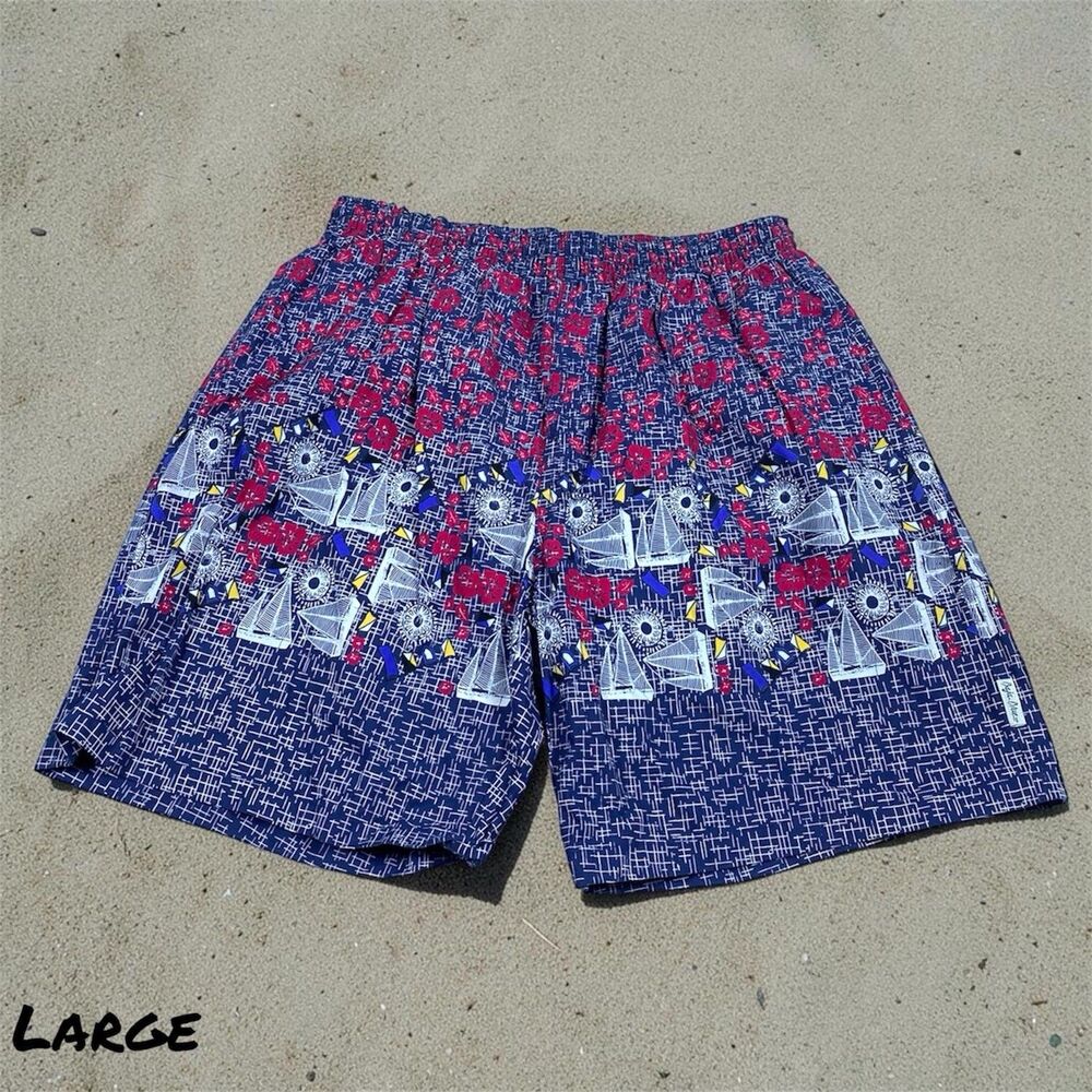 Vintage Baja Blue Y2K Swim Trunks Mens LRG Blue Hawaiian Nautical Shorts Pockets
